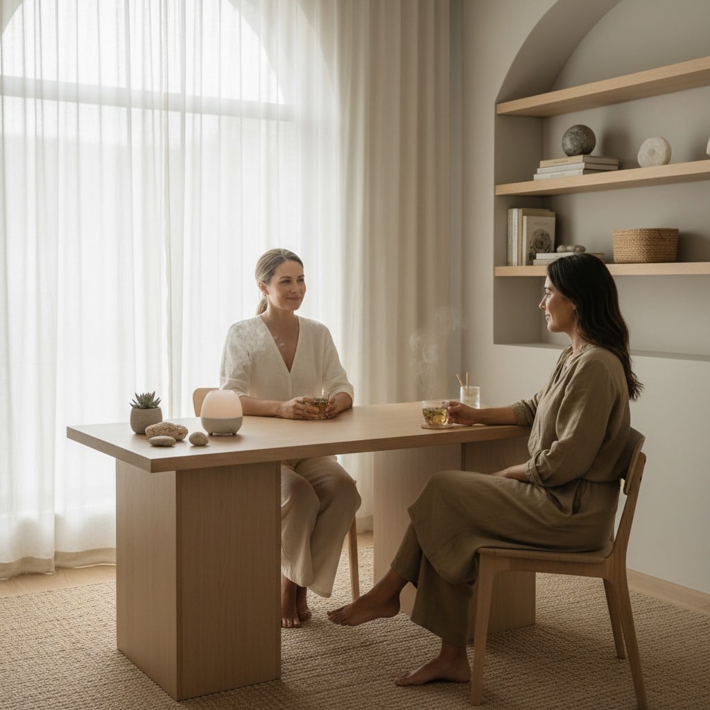 Two women sit at a wooden table in a brightly lit, minimalist room, holding steaming mugs and talking.
